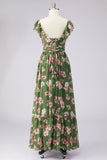 Green Flower A Line Square Neck Wedding Guest Dress with Slit