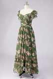Green Flower A Line Square Neck Wedding Guest Dress with Slit