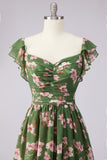 Green Flower A Line Square Neck Wedding Guest Dress with Slit