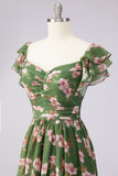 Green Flower A Line Square Neck Wedding Guest Dress with Slit