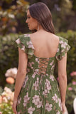 Green Flower A Line Square Neck Wedding Guest Dress with Slit