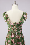 Green Flower A Line Square Neck Wedding Guest Dress with Slit