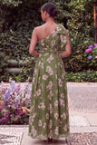 One Shoulder Sage Flower A Line Wedding Guest Dress with Bow