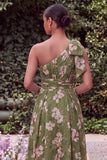 One Shoulder Sage Flower A Line Wedding Guest Dress with Bow