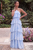 Halter Blue Flower A Line Tiered Maxi Dress with Lace-up Back