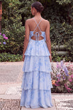 Halter Blue Flower A Line Tiered Maxi Dress with Lace-up Back