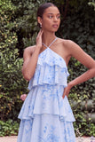 Halter Blue Flower A Line Tiered Maxi Dress with Lace-up Back