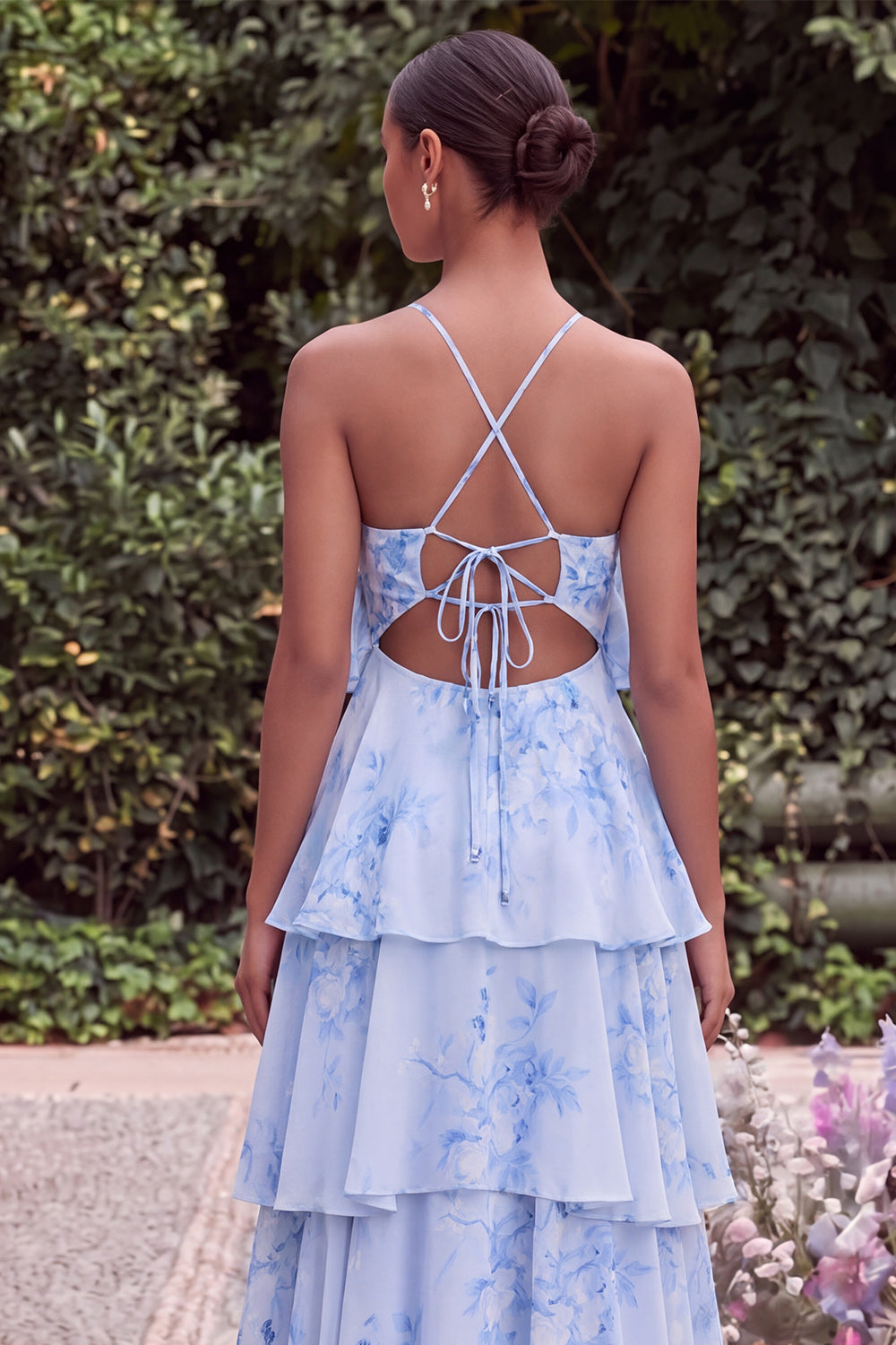 Halter Blue Flower A Line Tiered Maxi Dress with Lace-up Back