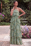 Halter Blue Flower A Line Tiered Maxi Dress with Lace-up Back