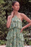 Halter Blue Flower A Line Tiered Maxi Dress with Lace-up Back