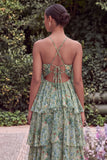 Halter Blue Flower A Line Tiered Maxi Dress with Lace-up Back