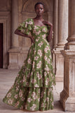 Green Flower A Line Tiered Square Neck Wedding Guest Dress with Sleeves
