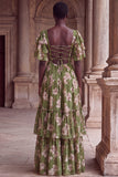 Green Flower A Line Tiered Square Neck Wedding Guest Dress with Sleeves