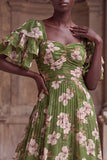 Green Flower A Line Tiered Square Neck Wedding Guest Dress with Sleeves