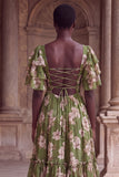 Green Flower A Line Tiered Square Neck Wedding Guest Dress with Sleeves