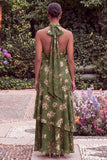Sage Halter Keyhole Asymmetrical Floral Wedding Guest Dress