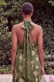 Sage Halter Keyhole Asymmetrical Floral Wedding Guest Dress