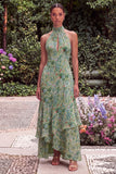 Sage Halter Keyhole Asymmetrical Floral Wedding Guest Dress