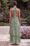 Sage Halter Keyhole Asymmetrical Floral Wedding Guest Dress