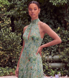 Sage Halter Keyhole Asymmetrical Floral Wedding Guest Dress