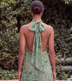 Sage Halter Keyhole Asymmetrical Floral Wedding Guest Dress