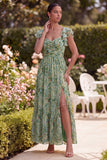 Green Flower A Line Square Neck Wedding Guest Dress with Slit