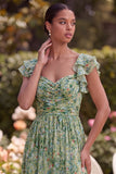 Green Flower A Line Square Neck Wedding Guest Dress with Slit