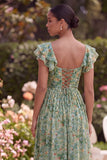 Green Flower A Line Square Neck Wedding Guest Dress with Slit