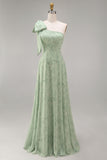 One Shoulder Dusty Sage Floral A Line Long Bridesmaid Dress