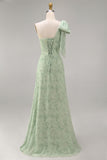One Shoulder Dusty Sage Floral A Line Long Bridesmaid Dress