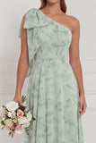 One Shoulder Dusty Sage Floral A Line Long Bridesmaid Dress