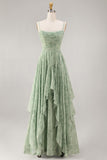 Dusty Sage Floral A Line Corset Ruffled Long Bridesmaid Dress