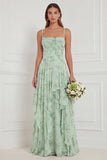 Dusty Sage Floral A Line Corset Ruffled Long Bridesmaid Dress