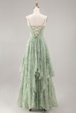 Dusty Sage Floral A Line Corset Ruffled Long Bridesmaid Dress