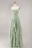 Dusty Sage Floral A Line Corset Ruffled Long Bridesmaid Dress