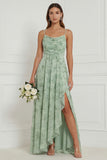 Floral A Line Dusty Sage Bridesmaid Dress with Slit