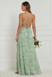 Floral A Line Dusty Sage Bridesmaid Dress with Slit