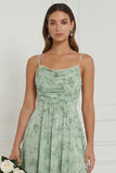 Floral A Line Dusty Sage Bridesmaid Dress with Slit