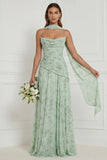Strapless A Line Dusty Sage Ruched Long Bridesmaid Dress with Scarf
