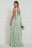 Strapless A Line Dusty Sage Ruched Long Bridesmaid Dress with Scarf