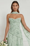 Strapless A Line Dusty Sage Ruched Long Bridesmaid Dress with Scarf