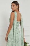 Strapless A Line Dusty Sage Ruched Long Bridesmaid Dress with Scarf