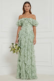Off the Shoulder A Line Ruffled Dusty Sage Floral Long Bridesmaid Dress