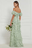 Off the Shoulder A Line Ruffled Dusty Sage Floral Long Bridesmaid Dress