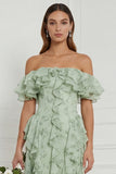 Off the Shoulder A Line Ruffled Dusty Sage Floral Long Bridesmaid Dress
