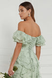 Off the Shoulder A Line Ruffled Dusty Sage Floral Long Bridesmaid Dress