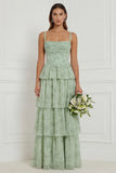 Dusty Sage A Line Floral Tiered Ruffle Corset Long Bridesmaid Dress