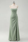 Sage Mermaid Corset Ruched Spaghetti Straps Bridesmaid Dress with Slit
