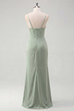 Sage Mermaid Corset Ruched Spaghetti Straps Bridesmaid Dress with Slit
