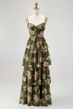 Dusty Sage A Line Corset Tiered Print & Floral Long Bridesmaid Dress with Slit